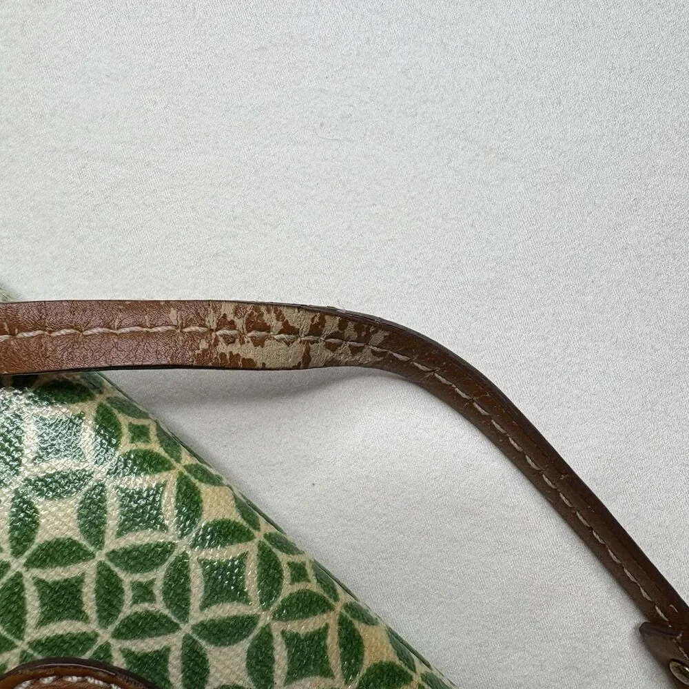 Fossil Wristlet Wallet PVC Coated Canvas Zip Around Green Blue Diamond print